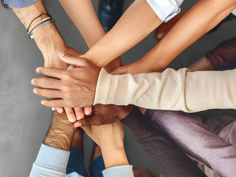 Committees - diverse group of hands stacked together, symbolizing unity, teamwork, and collaboration